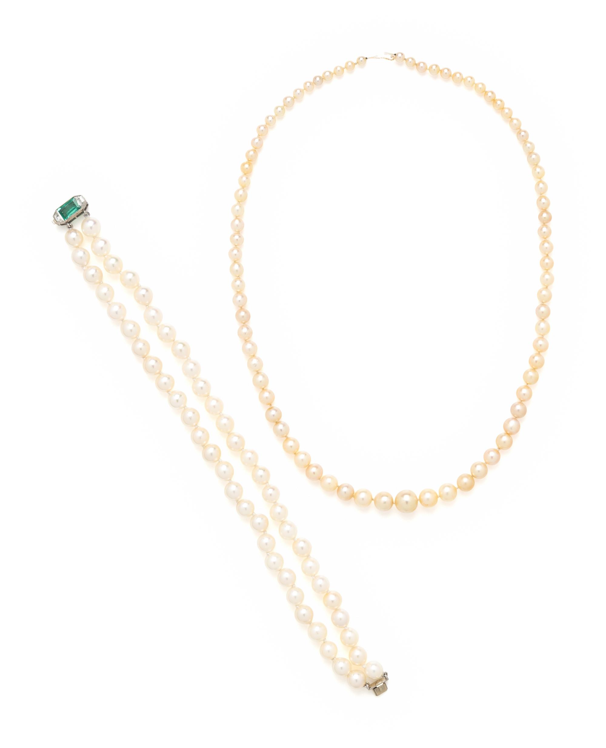 NATURAL PEARL STRAND WITH CULTURED PEARL, EMERALD, AND DIAMOND BRACELET