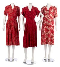 Three Red and Print Dresses, 1940s