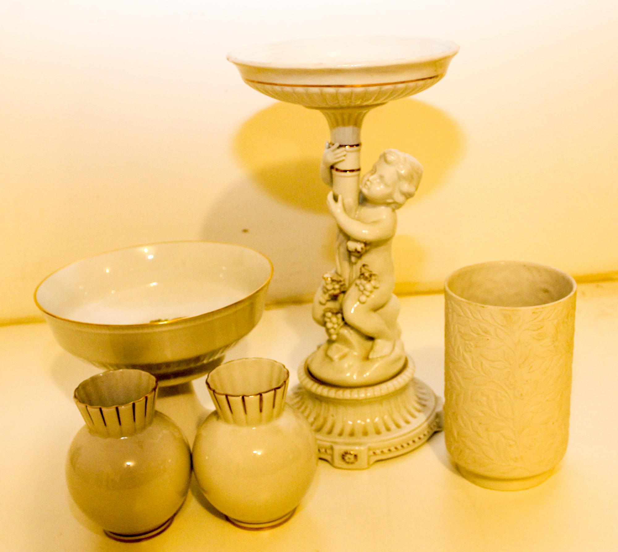 A Group of Five Porcelain Articles. Height of tallest 13 3/4 inches.