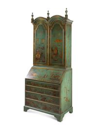 A George II Style Green and Gilt-Japanned Bureau Cabinet