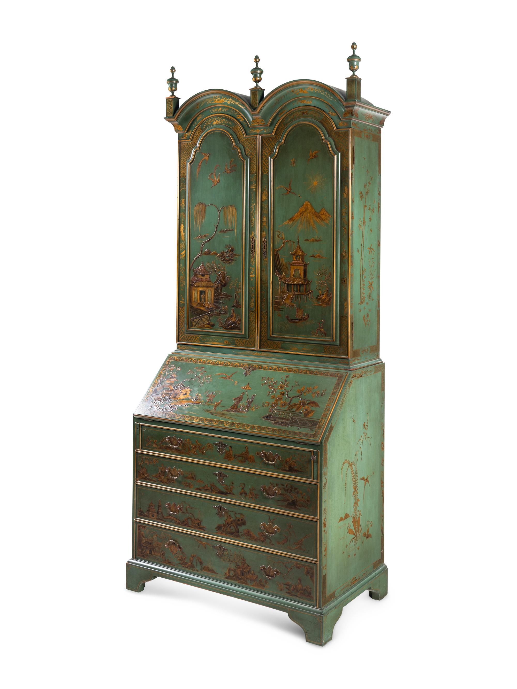 A George II Style Green and Gilt-Japanned Bureau Cabinet