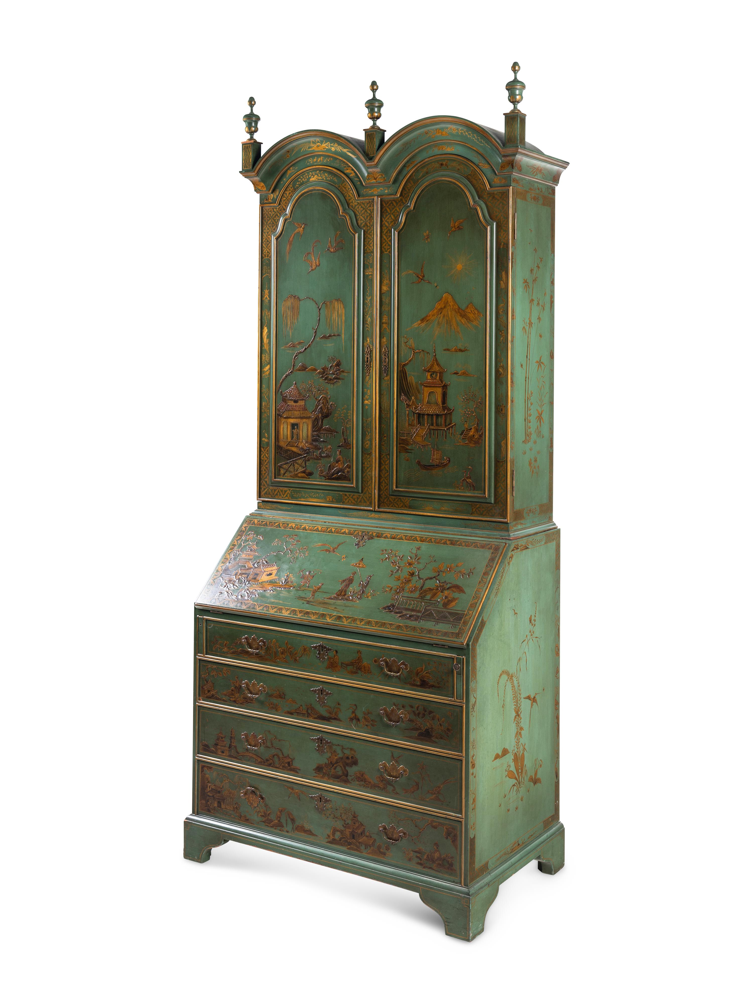 A George II Style Green and Gilt-Japanned Bureau Cabinet