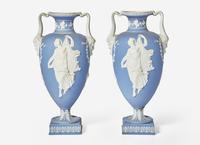A Pair of Large Wedgwood Blue Jasperware Urns