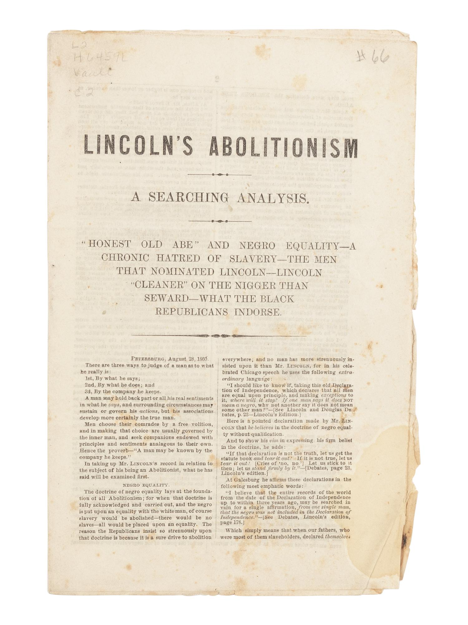 HILL, John (1839-1898). Lincoln's Abolitionism A Searching Analysis . St. Louis: Missouri Republican Print, [1860].