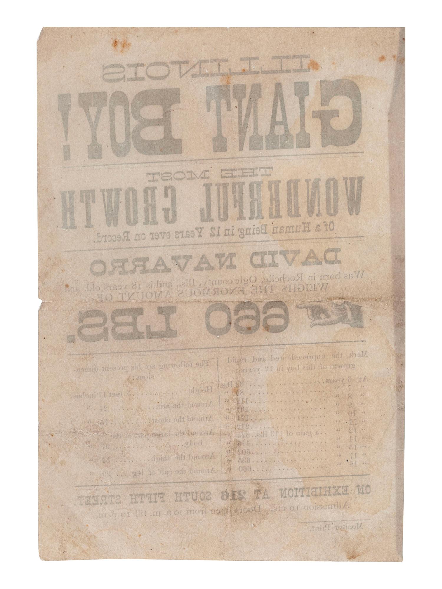 [CIRCUS] -- [SIDESHOWS]. A group of 4 items associated with unusual performing acts highlighted by a broadside advertising the "Illinois Giant Boy!" ca 1879.