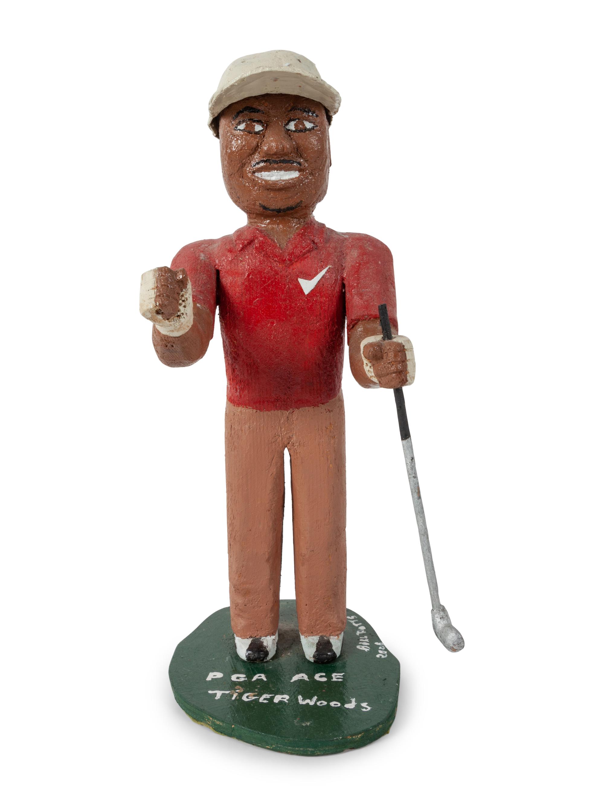 A Folk Art Carved and Painted Tiger Woods Figure, by Bill Potts