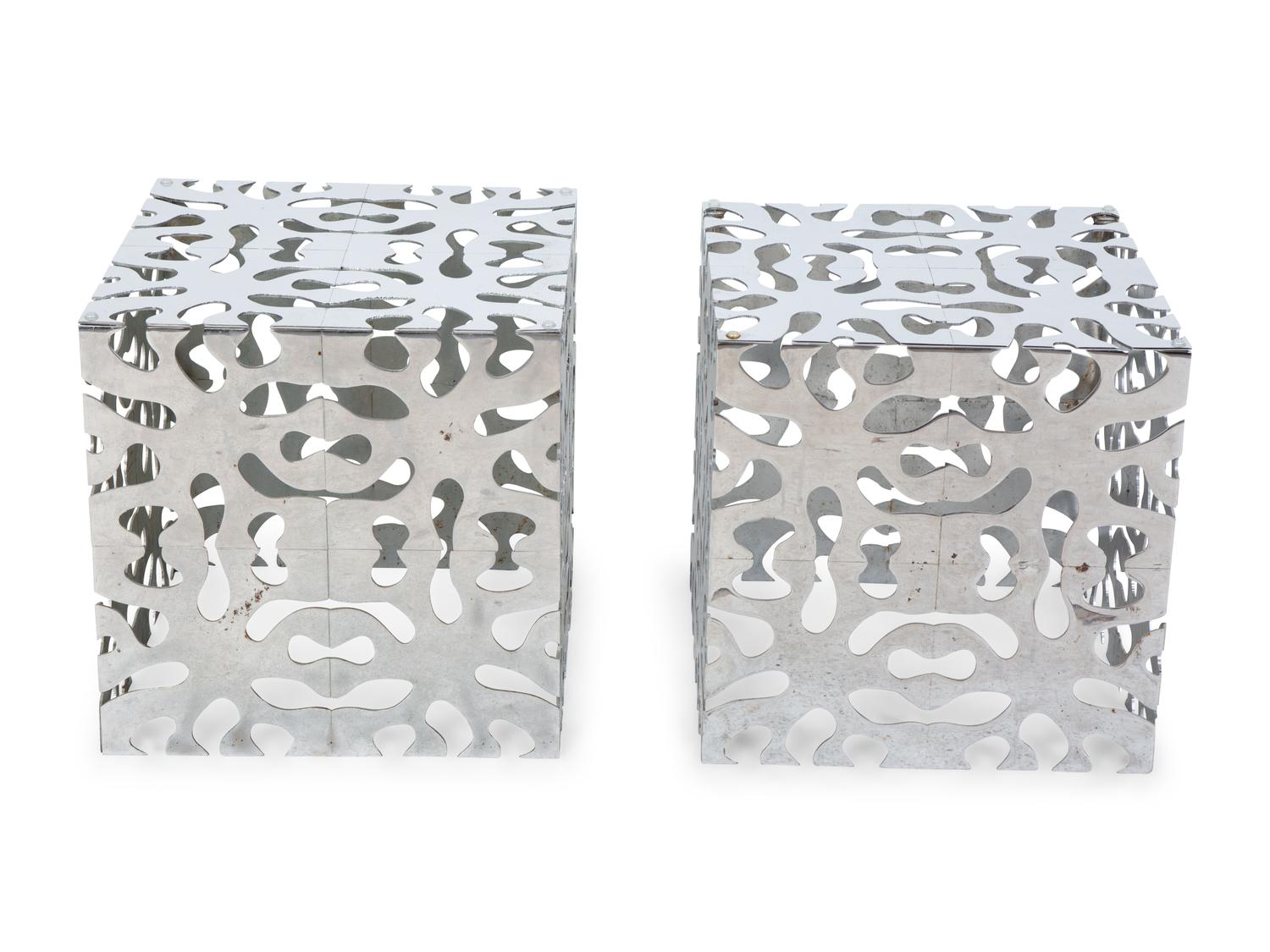 A Pair of Tri-Mark Reticulated Chrome-Plated Steel Cube Tables — MID-20TH CENTURY