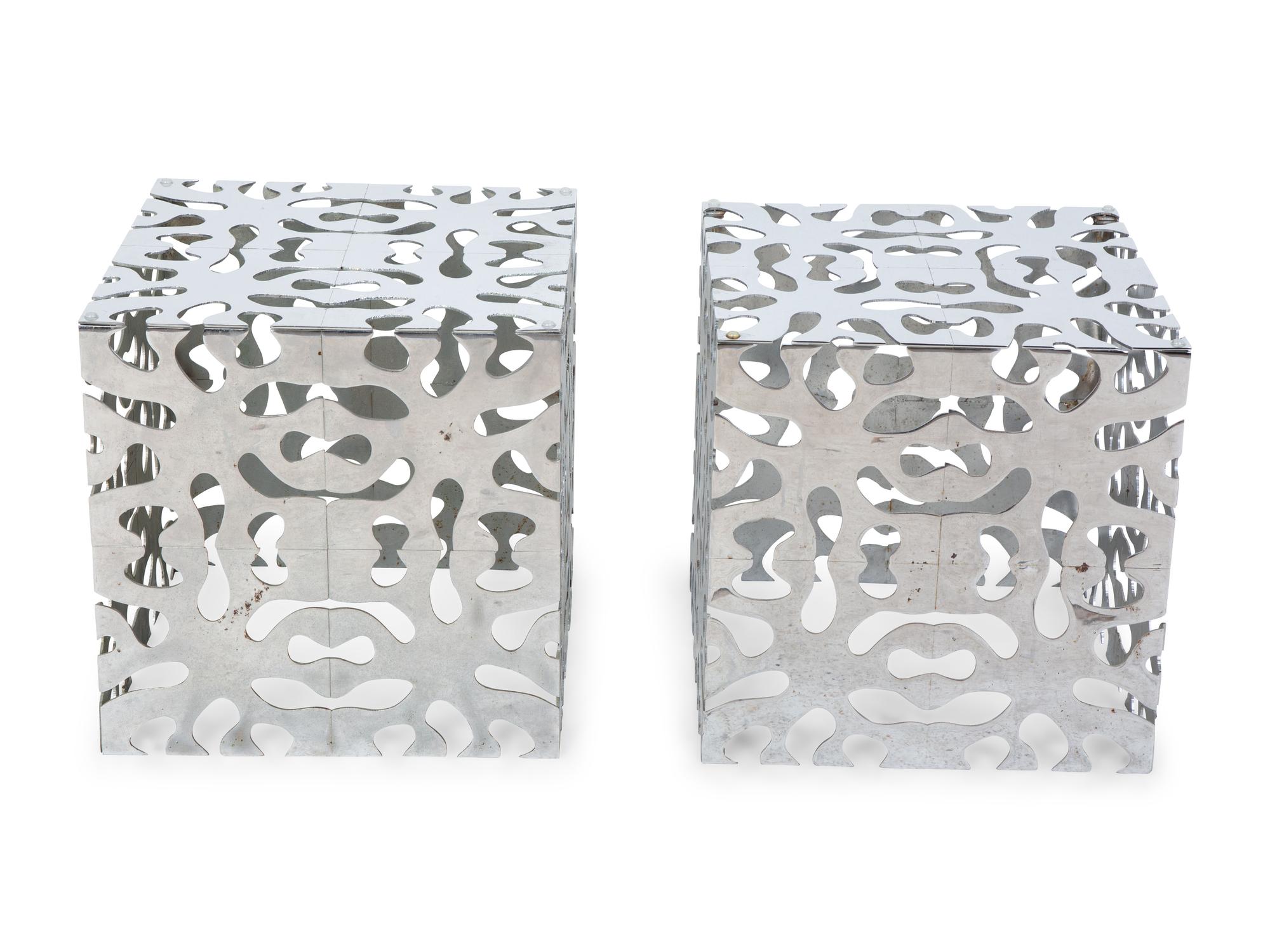 A Pair of Tri-Mark Reticulated Chrome-Plated Steel Cube Tables — MID-20TH CENTURY