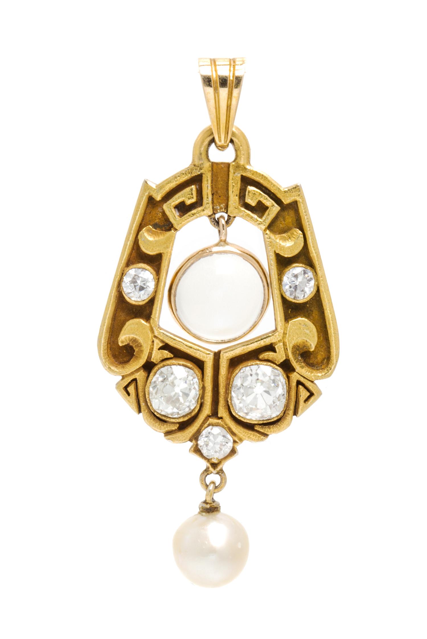 An Arts and Crafts Yellow Gold, Moonstone, Diamond and Pearl Pendant, 5.10 dwts.