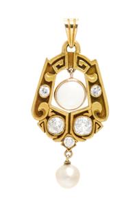 An Arts and Crafts Yellow Gold, Moonstone, Diamond and Pearl Pendant, 5.10 dwts.