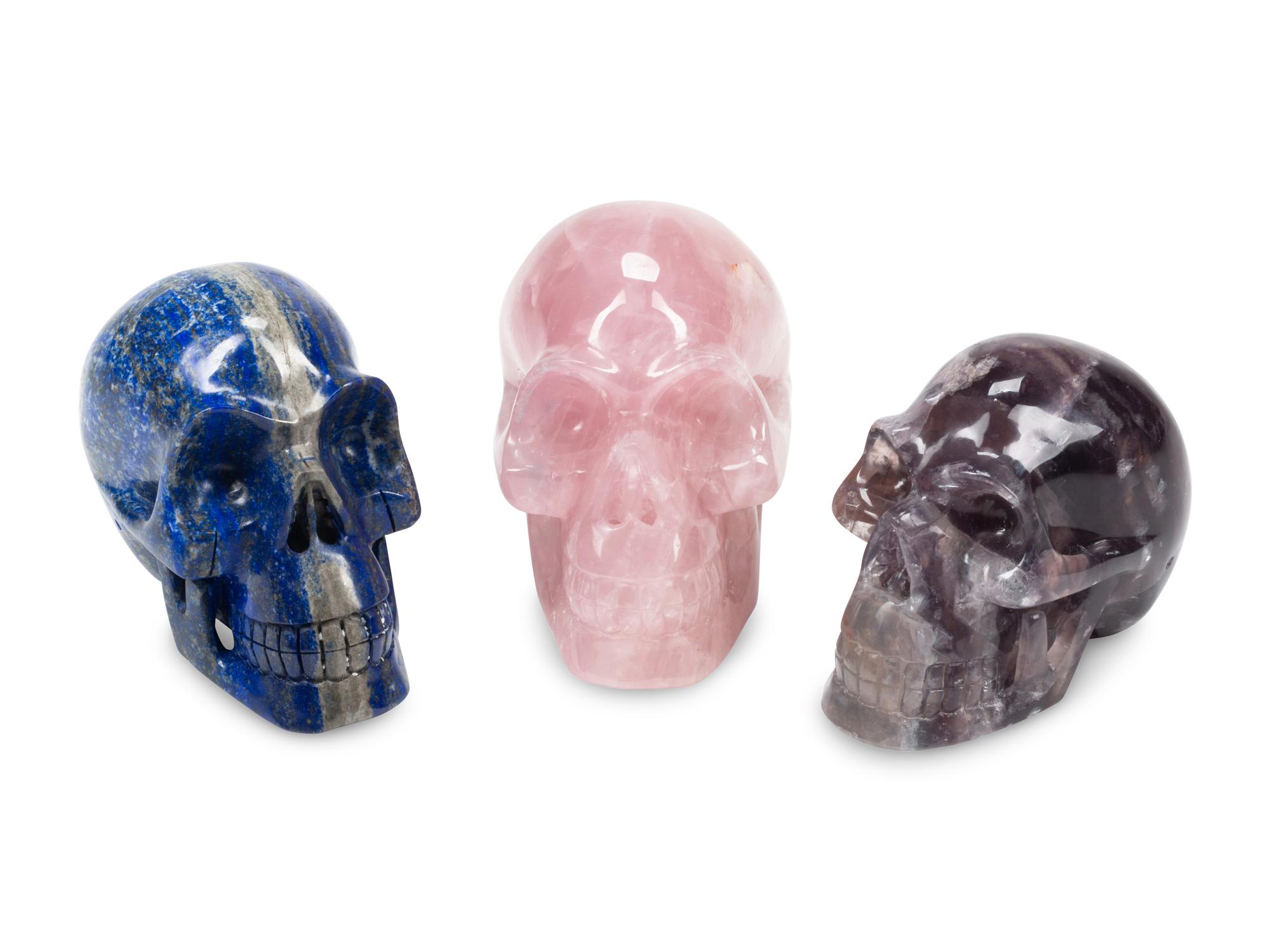 Three Carved Semiprecious Stone Skulls