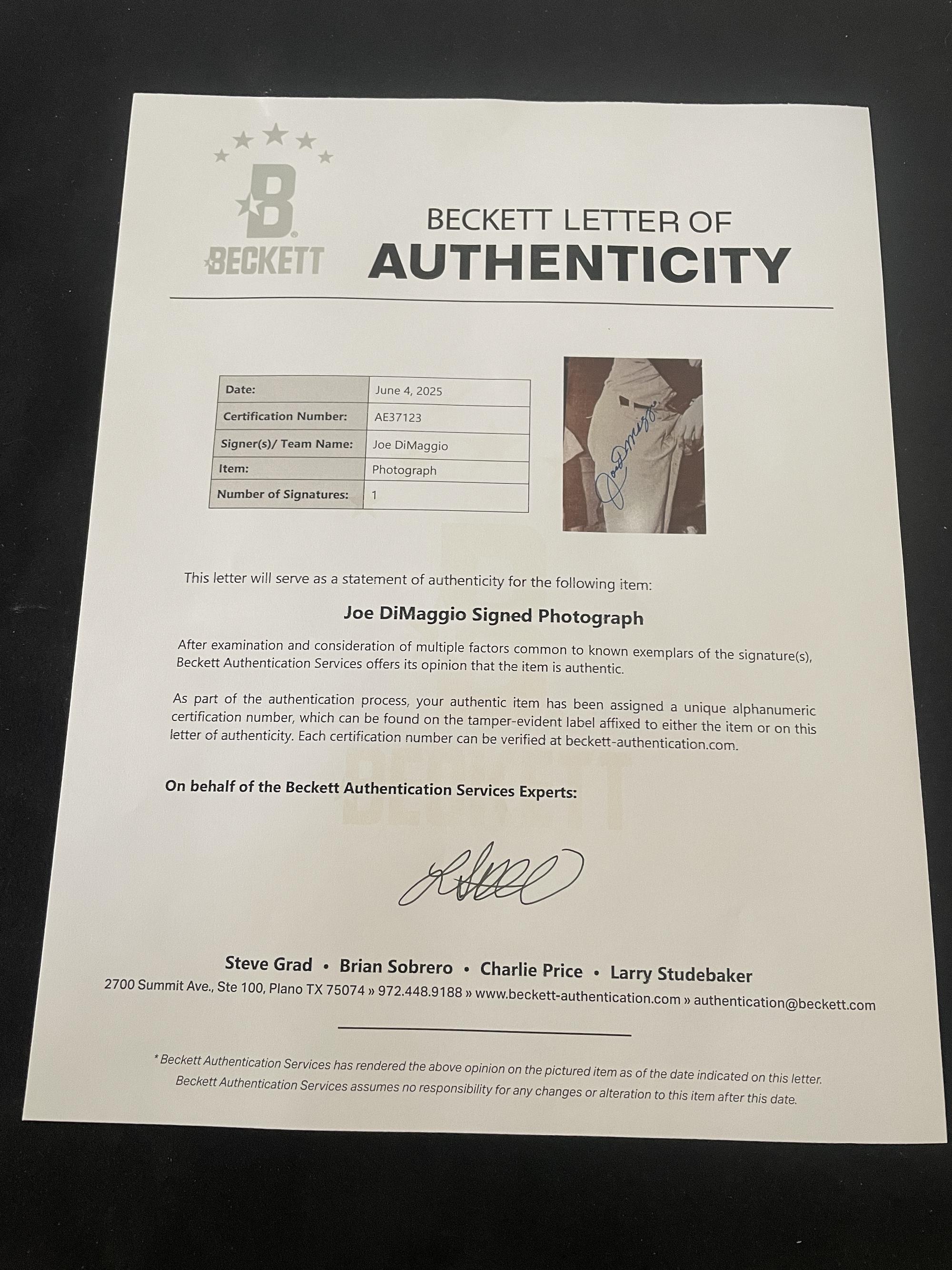 A Joe DiMaggio Signed Autograph Photo (Beckett Authentication Services Letter)