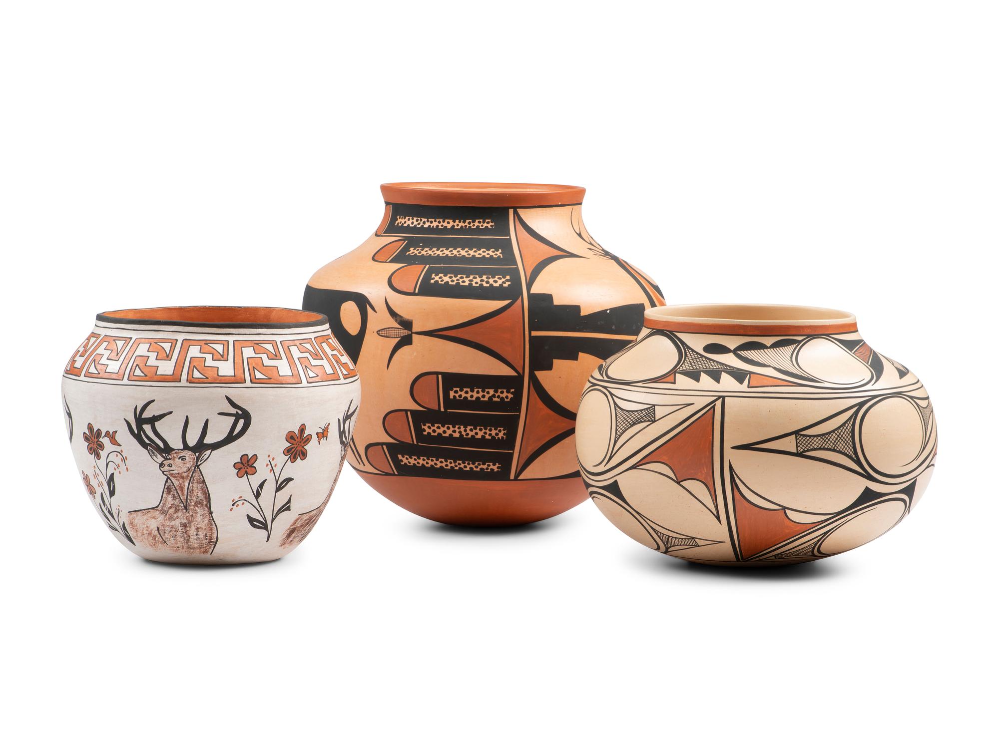 Tesuque and Acoma Polychrome Pottery Jars