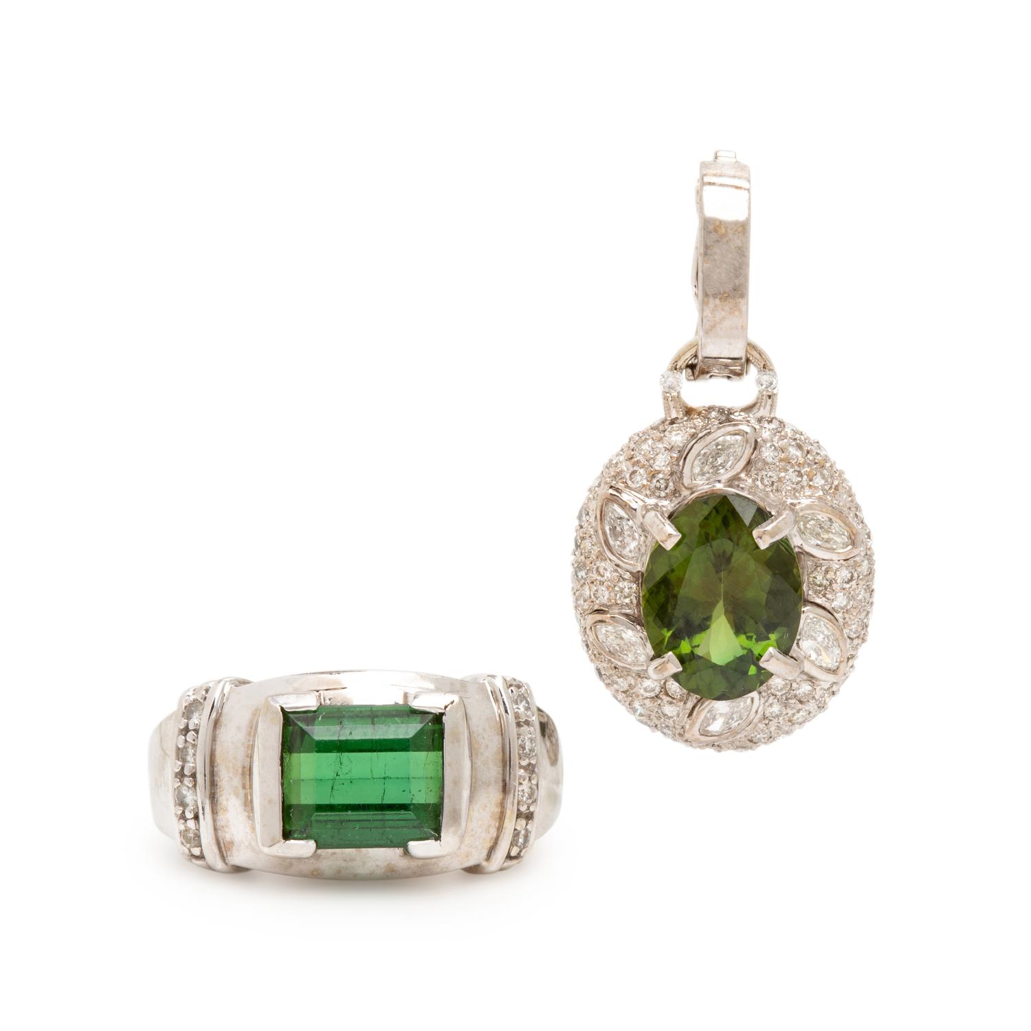 Green Tourmaline, Diamond, and White Gold Pendant and Ring