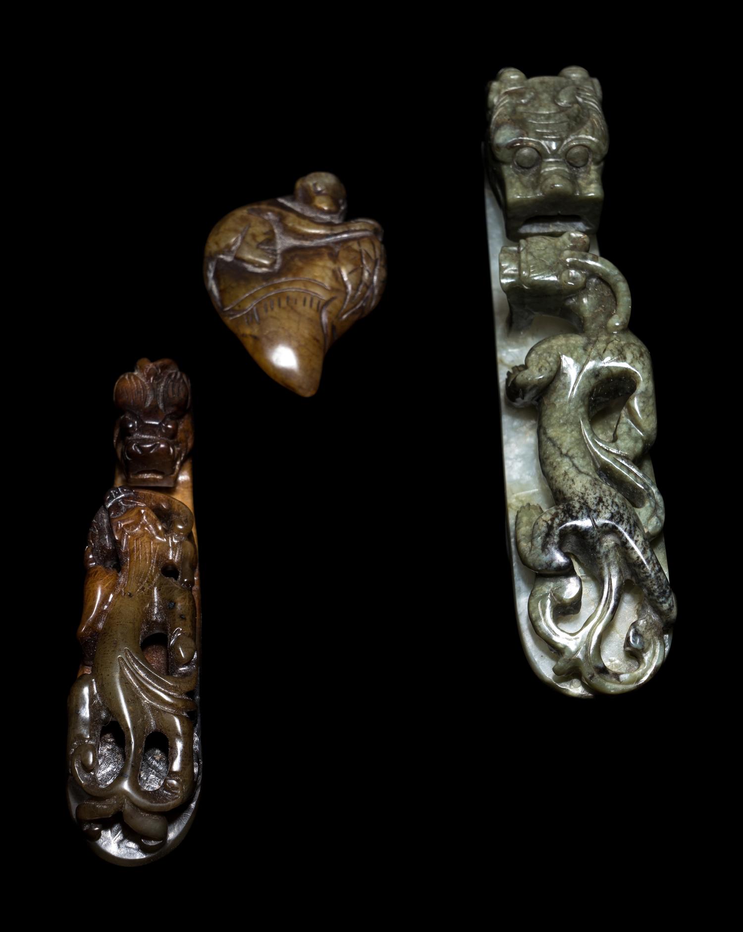 Two Large Chinese Carved Jade 'Chilong' Belt Buckles and One Hardstone Carving