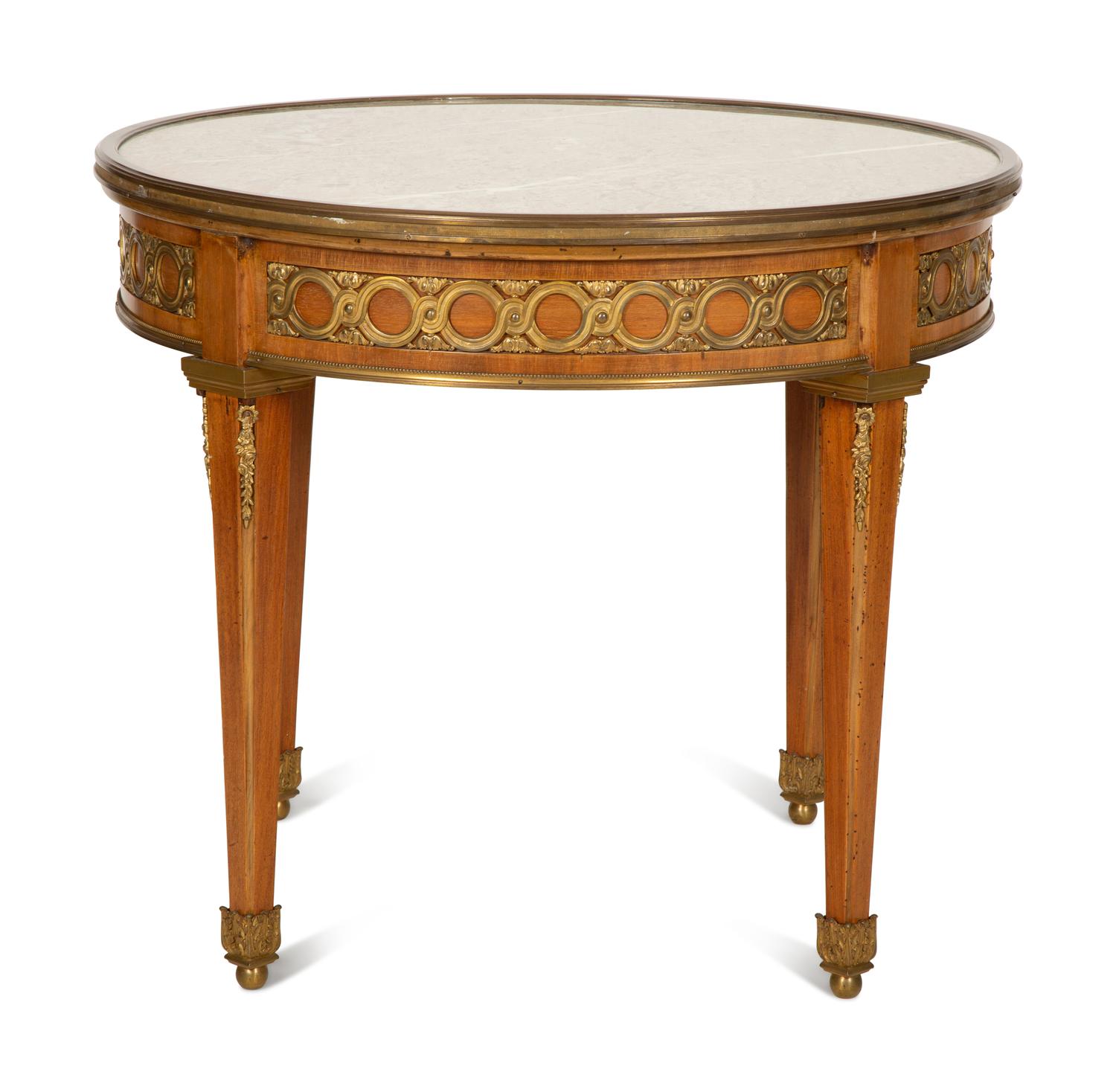 A Louis XVI Style Gilt Bronze Mounted Mahogany Marble-Top Guéridon