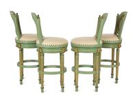 Four Louis XVI Style Painted, Parcel Gilt and Cane Back Bar Stools
