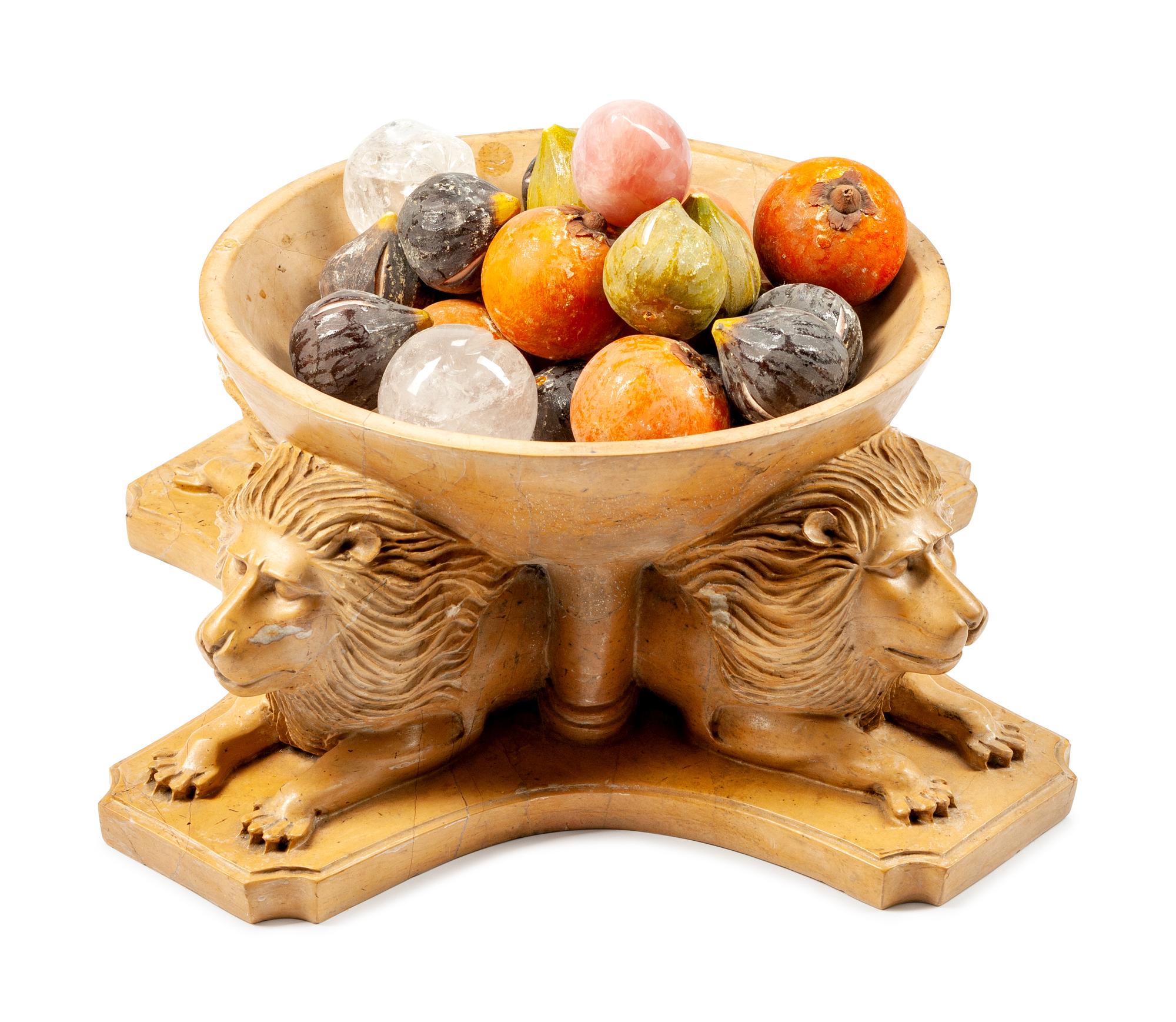 A Large Italian Marble Bowl with Hardstone Fruits