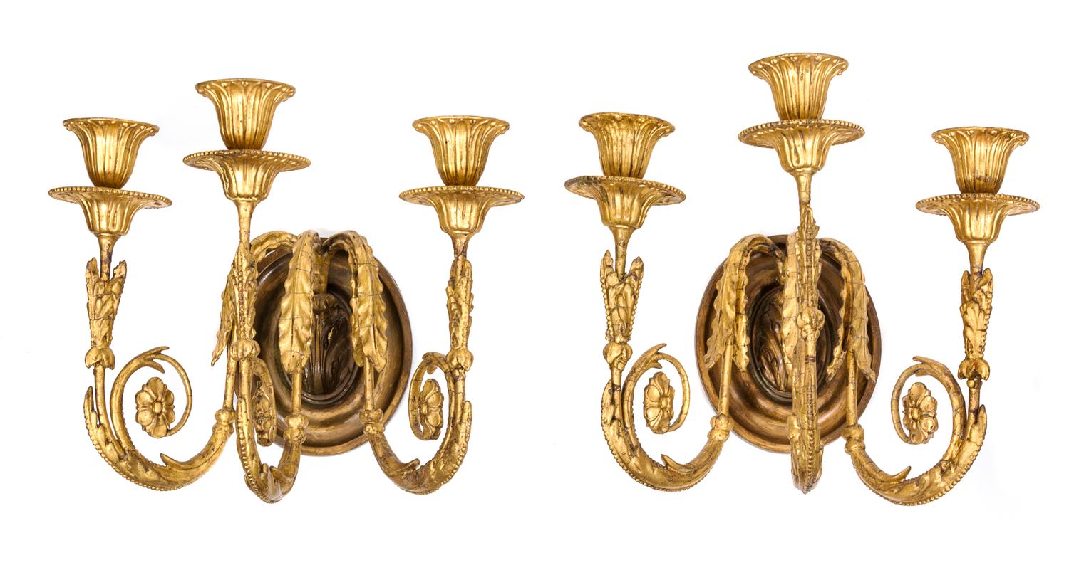 A Pair of Louis XVI Style Gilt Plaster Three-Light Wall Sconces Height 10 1/2 inches. — 19TH CENTURY