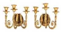 A Pair of Louis XVI Style Gilt Plaster Three-Light Wall Sconces Height 10 1/2 inches. — 19TH CENTURY