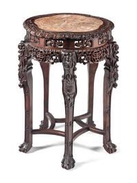 A Chinese Carved Hardwood Marble-Inset Side Table