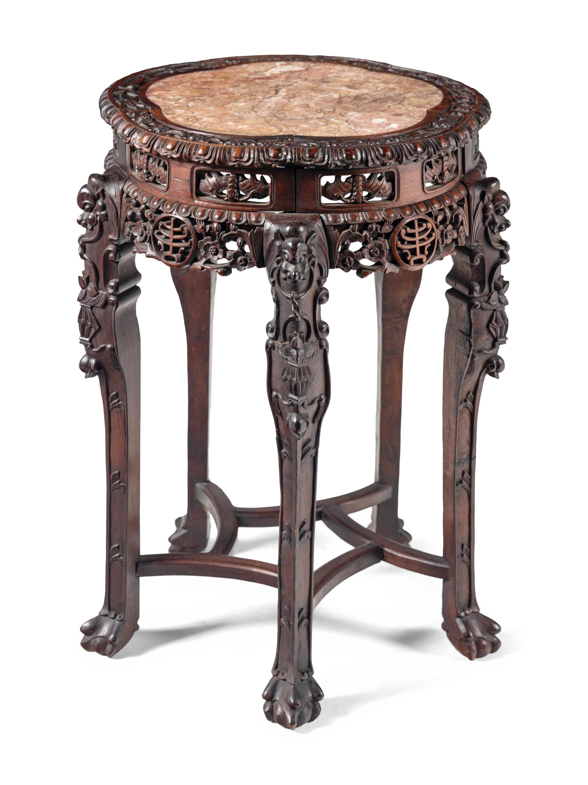 A Chinese Carved Hardwood Marble-Inset Side Table