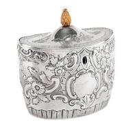 An English Silver Tea Caddy, John Schofield, London, 1794, the oval domed lid with a pinecone finial, the body bearing a vacant cartouc