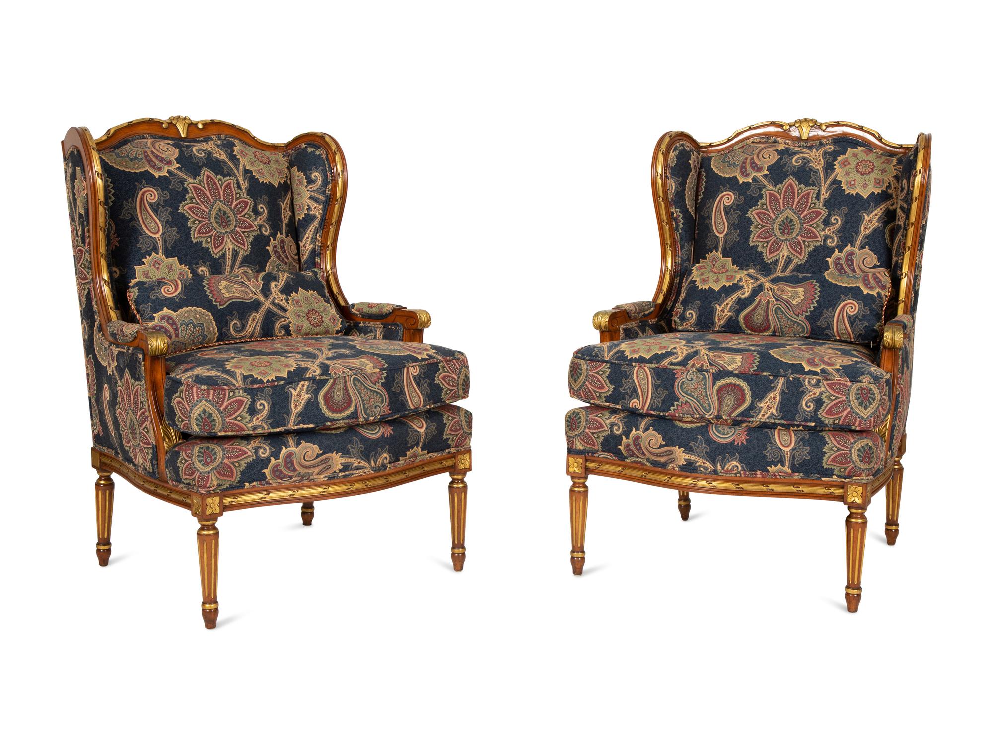 A Pair of Louis XVI Style Parcel Gilt Fruitwood Bergères