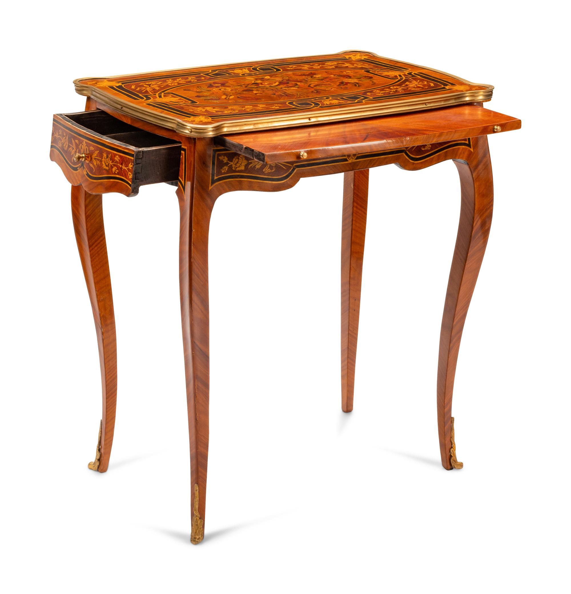A Pair of Louis XV Style Gilt Bronze Mounted Marquetry Side Tables