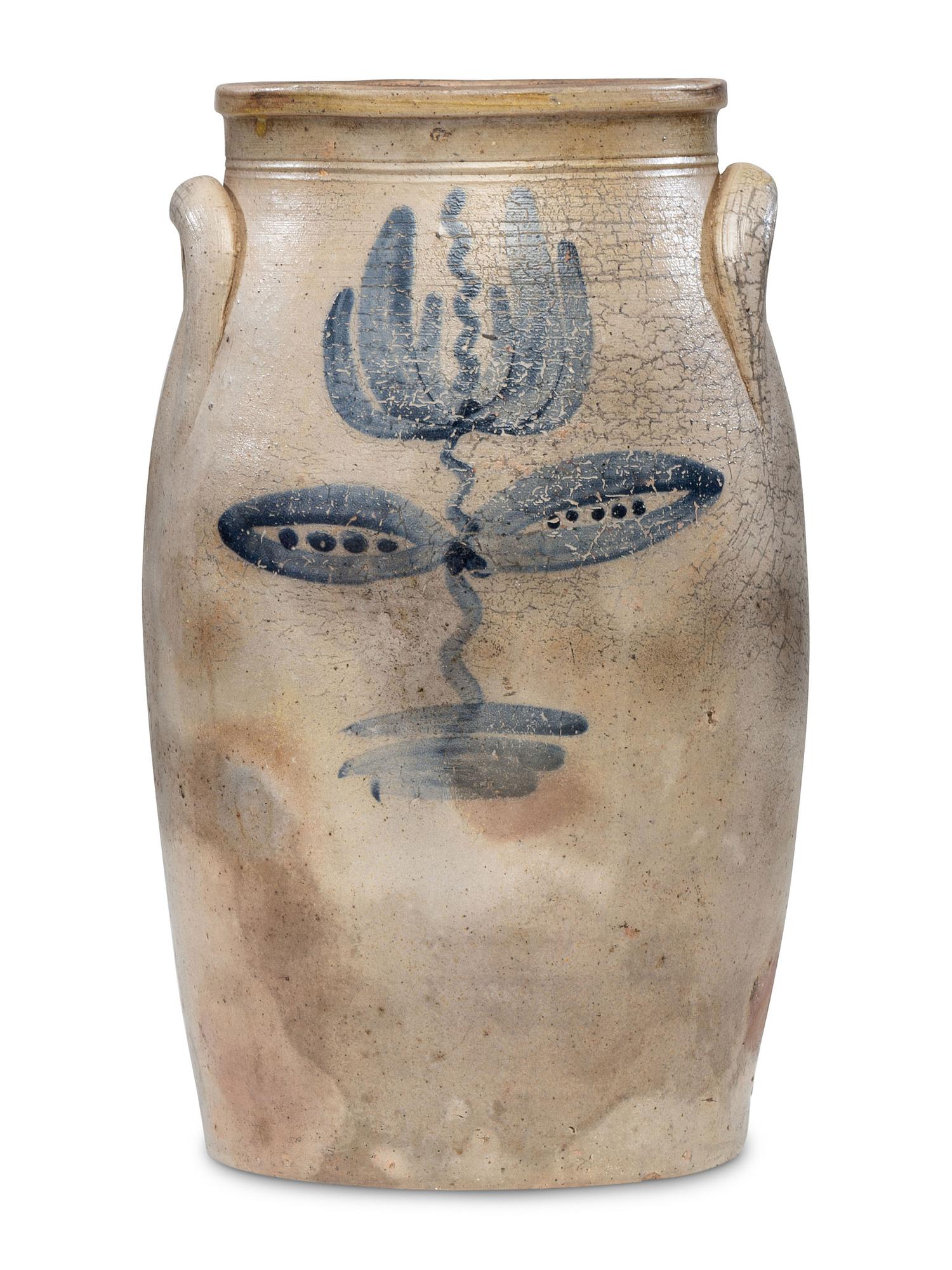 A Sawyer & Smith Three Gallon Cobalt Decorated Stoneware Crock