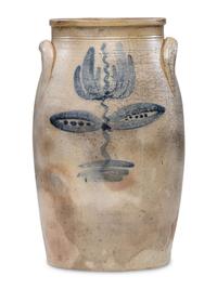 A Sawyer & Smith Three Gallon Cobalt Decorated Stoneware Crock