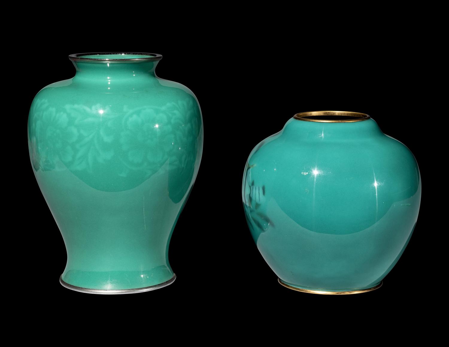 Two Japanese Green Ground Cloisonné Enamel Jars