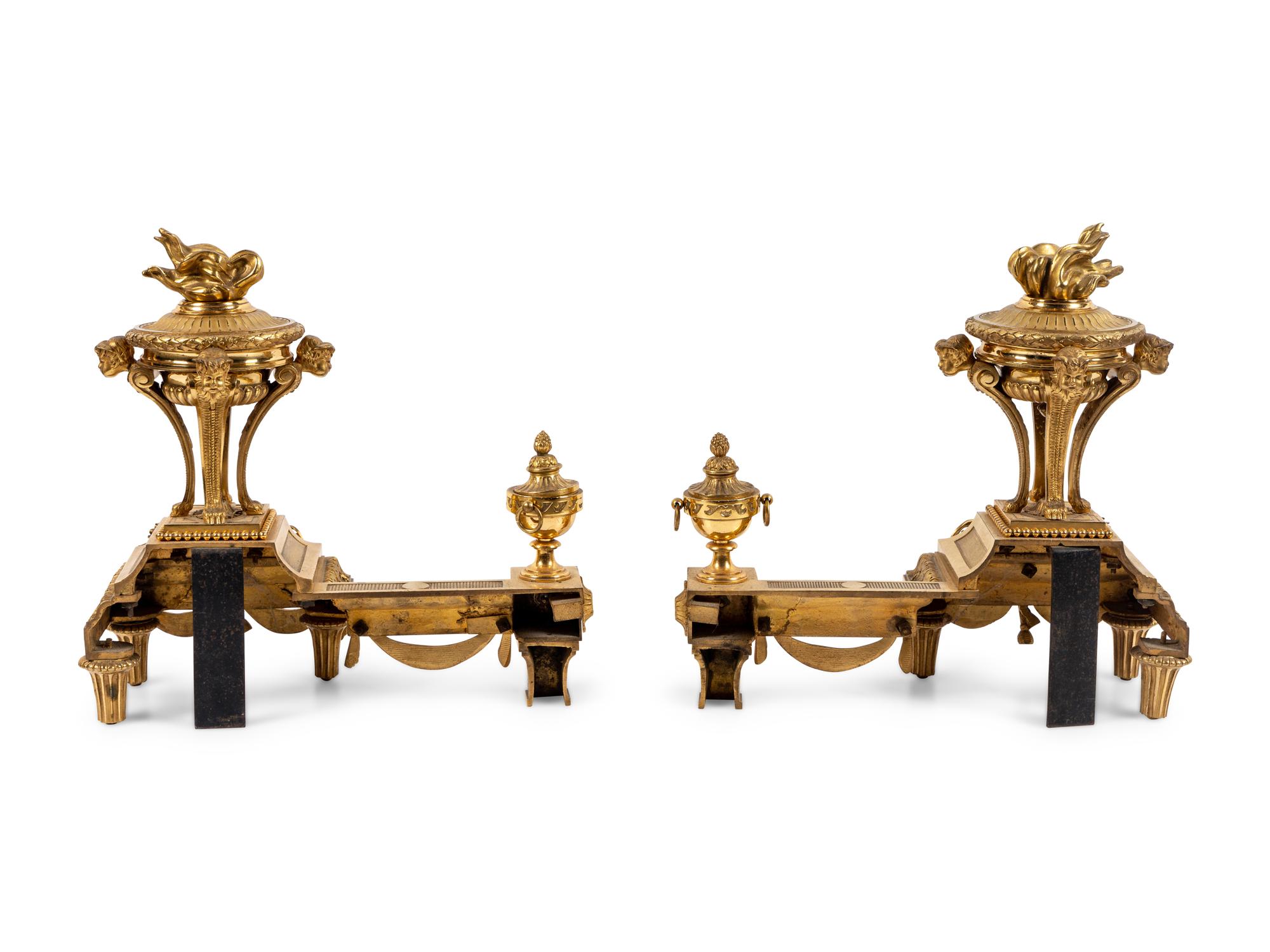 A Pair of French Neoclassical Gilt Bronze Chenets