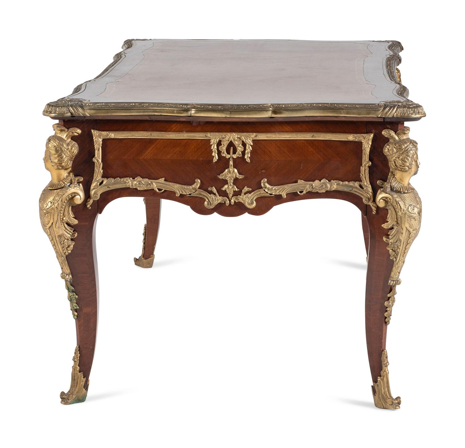 A Louis XV Style Gilt Bronze Mounted Mahogany Bureau Plat