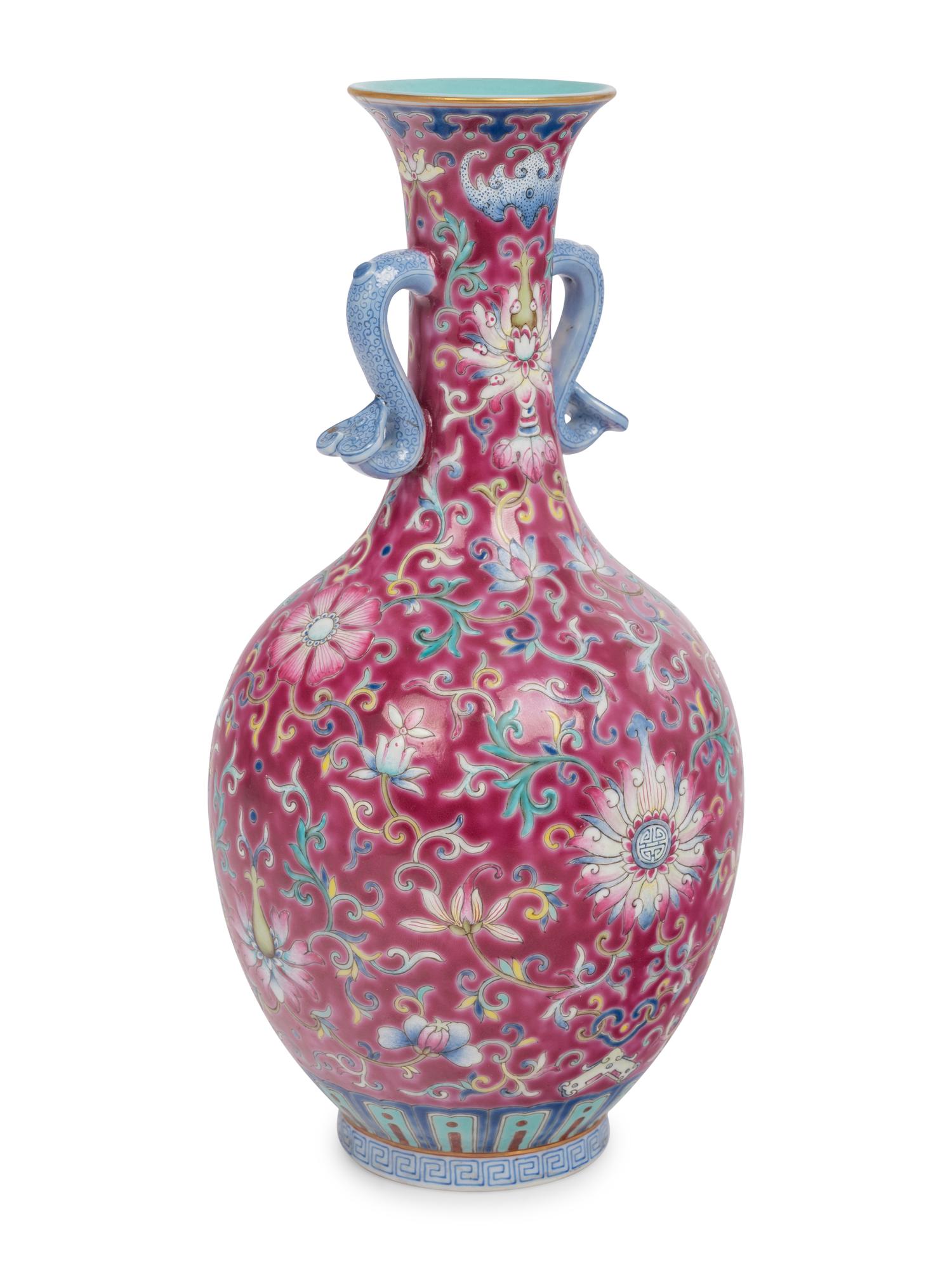 A Ruby Ground Famille Rose Porcelain Vase
