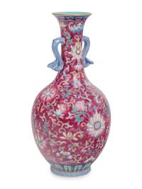 A Ruby Ground Famille Rose Porcelain Vase