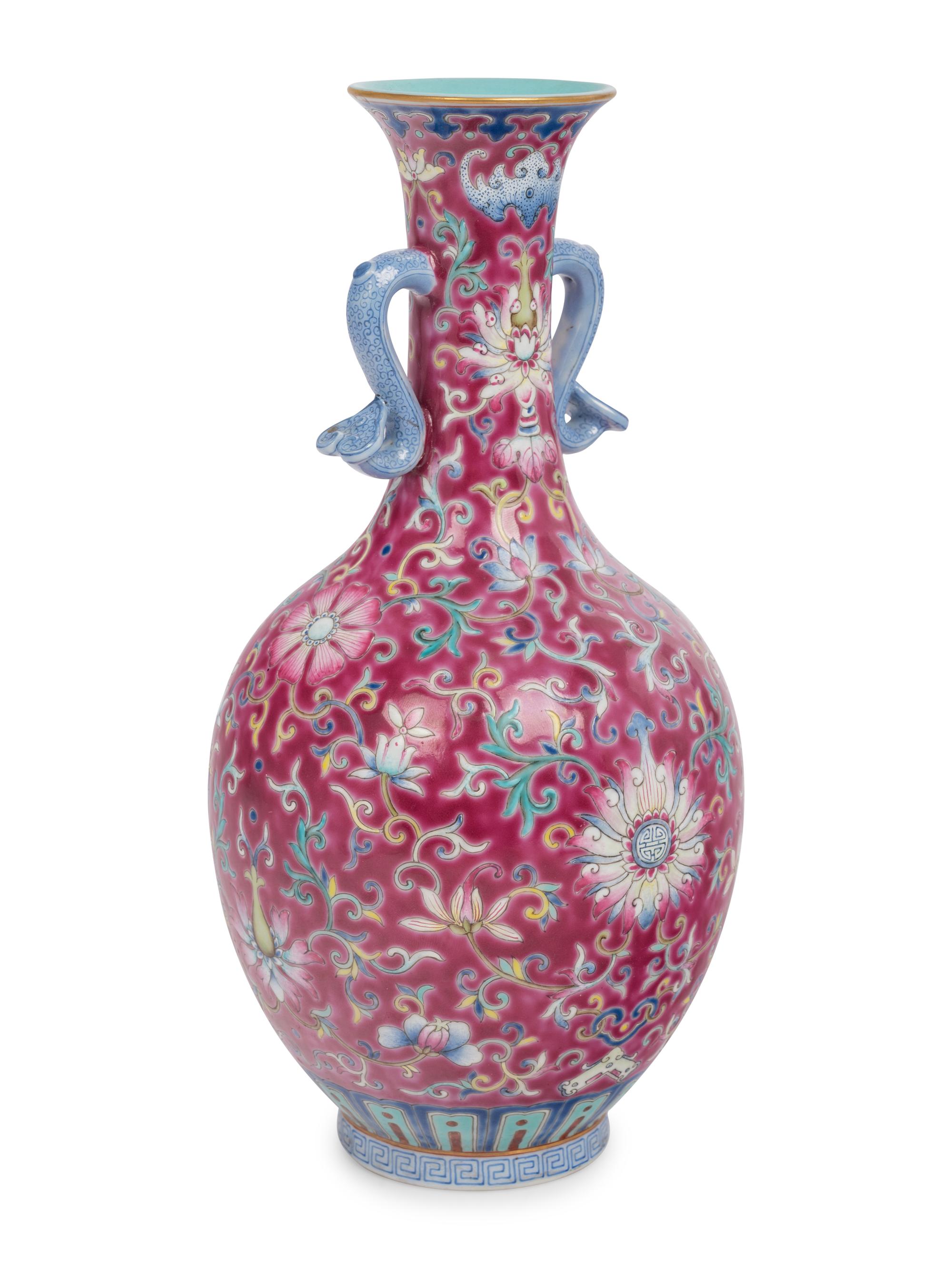 A Ruby Ground Famille Rose Porcelain Vase