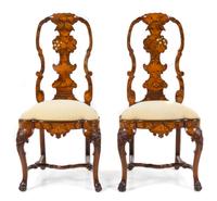 A Pair of Dutch Marquetry Side Chairs Height 43 inches. — EARLY TO MID-19TH CENTURY