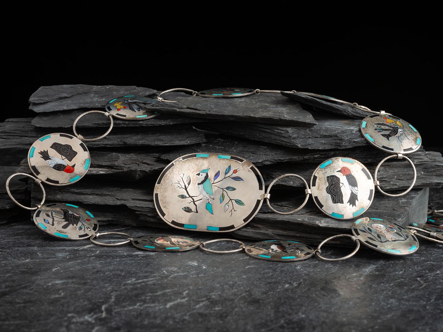 Sterling Silver Link Concha Belt, with Avian Mosaic Inlay
