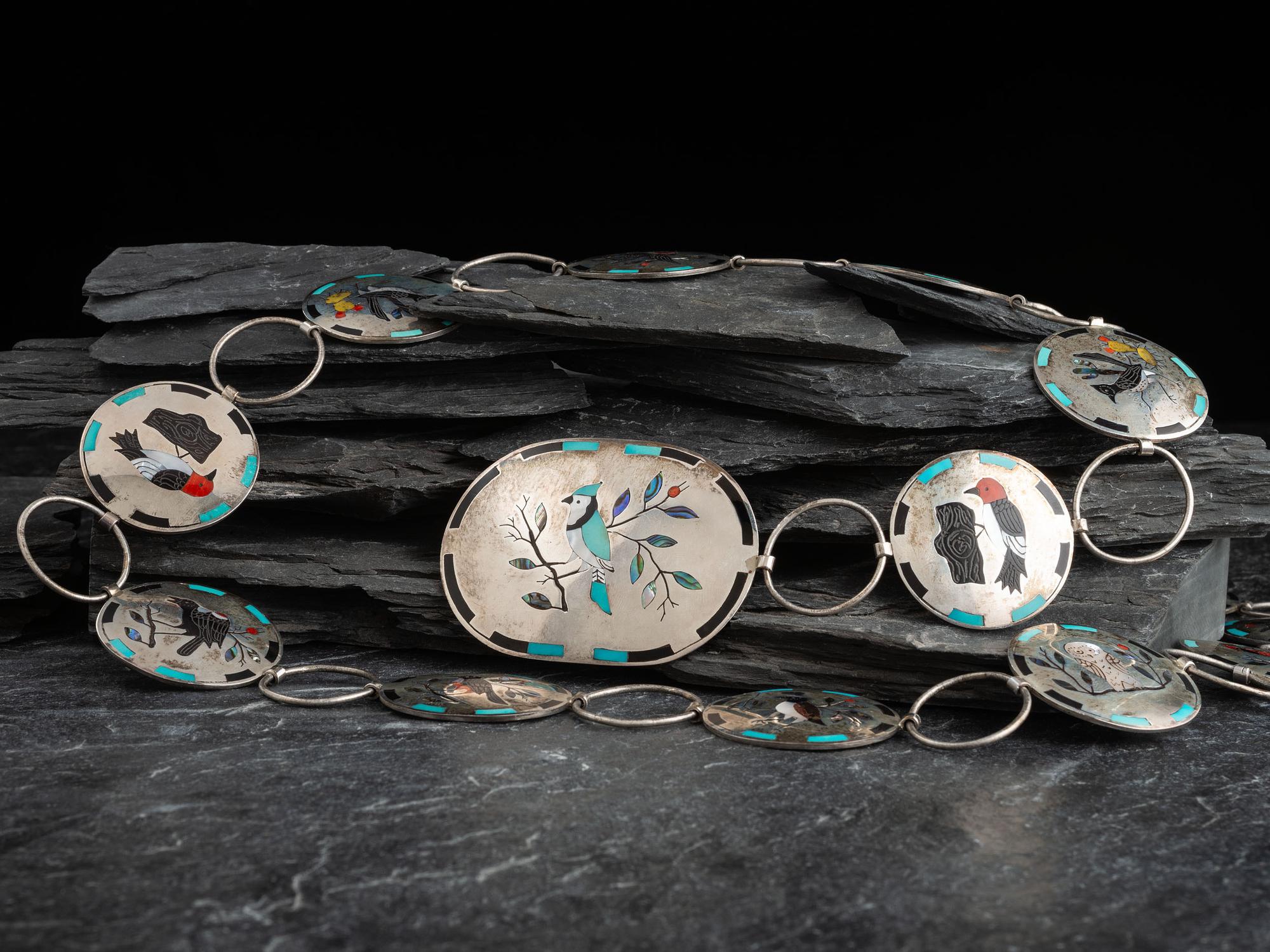 Sterling Silver Link Concha Belt, with Avian Mosaic Inlay