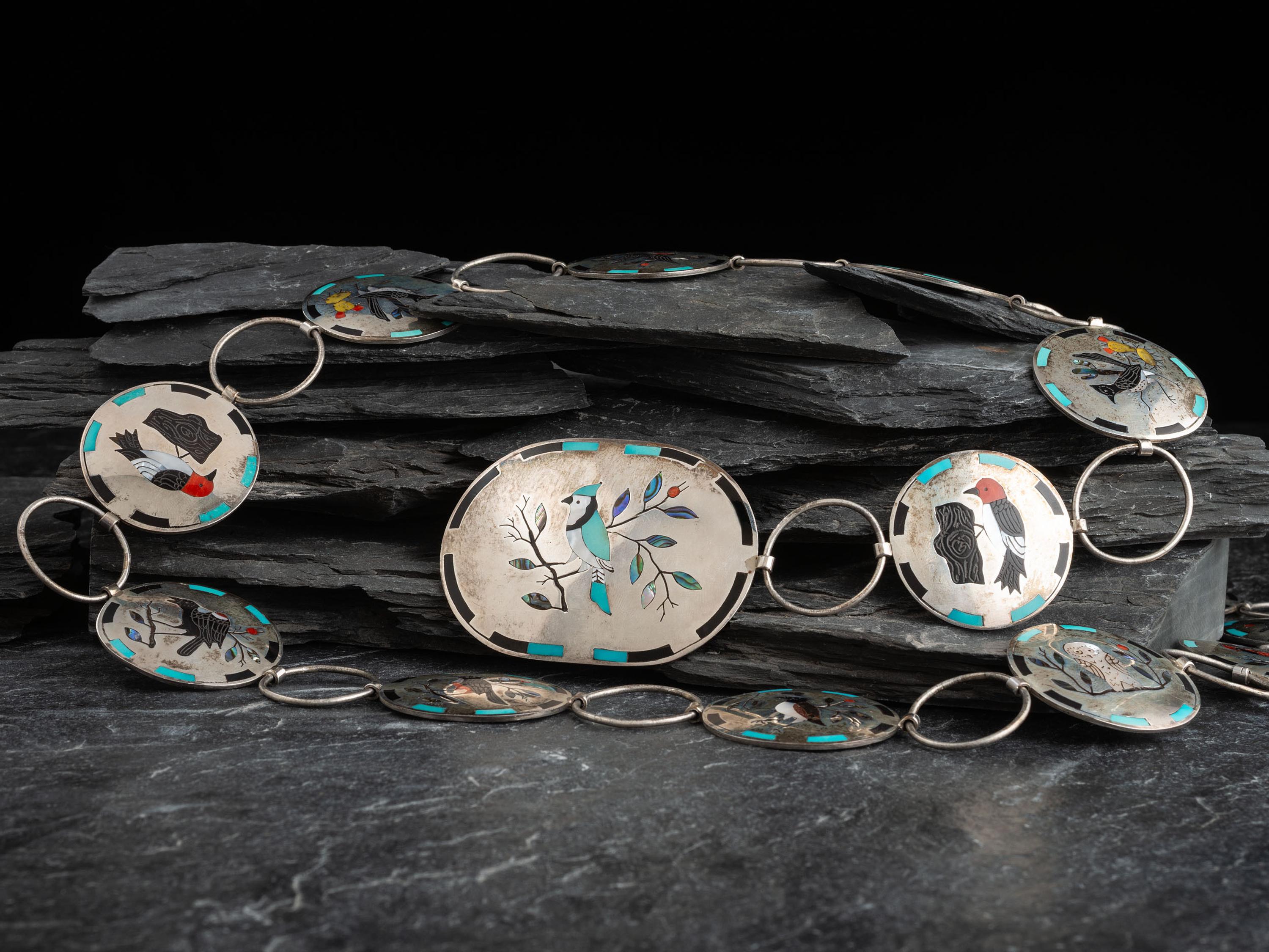 Sterling Silver Link Concha Belt, with Avian Mosaic Inlay