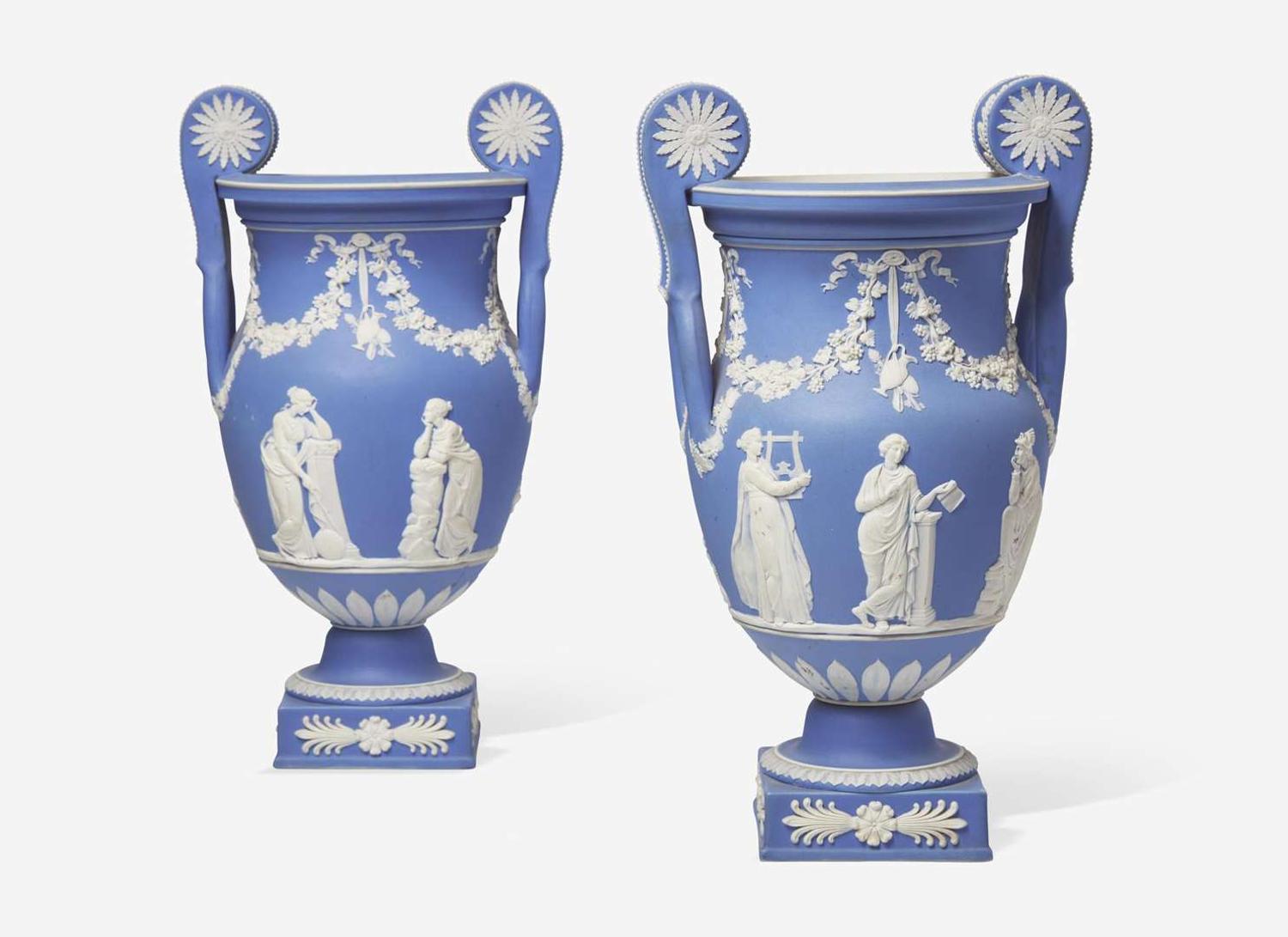 A Pair of Wedgwood Light Blue Dip Jasperware Vases, UK, late 19th century