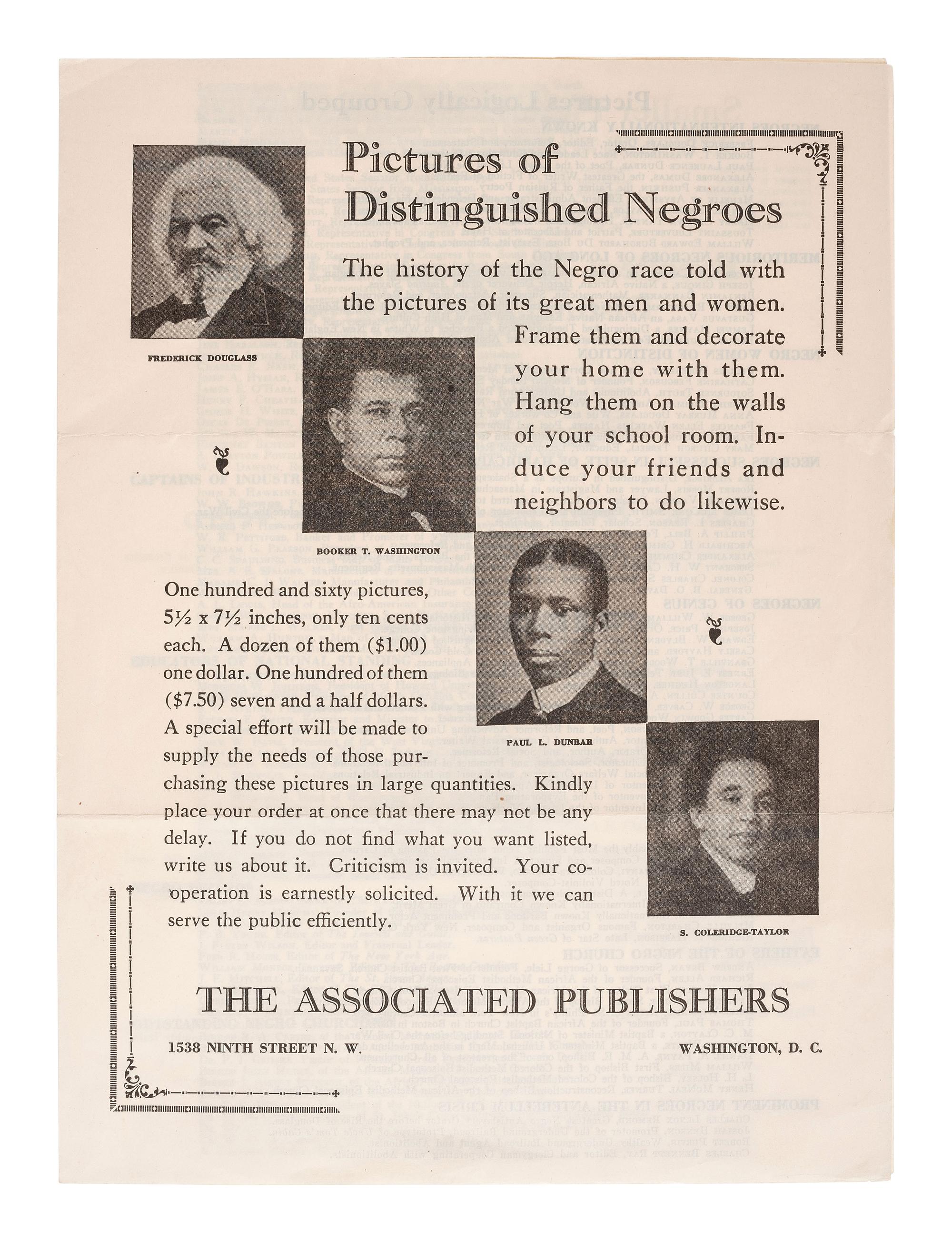 [AFRICAN AMERICANA.] "Pictures of Distinguished Negroes" advertising catalog issued by The Associated Publishers. Washington, D.C., n.d. [ca. 1940s].