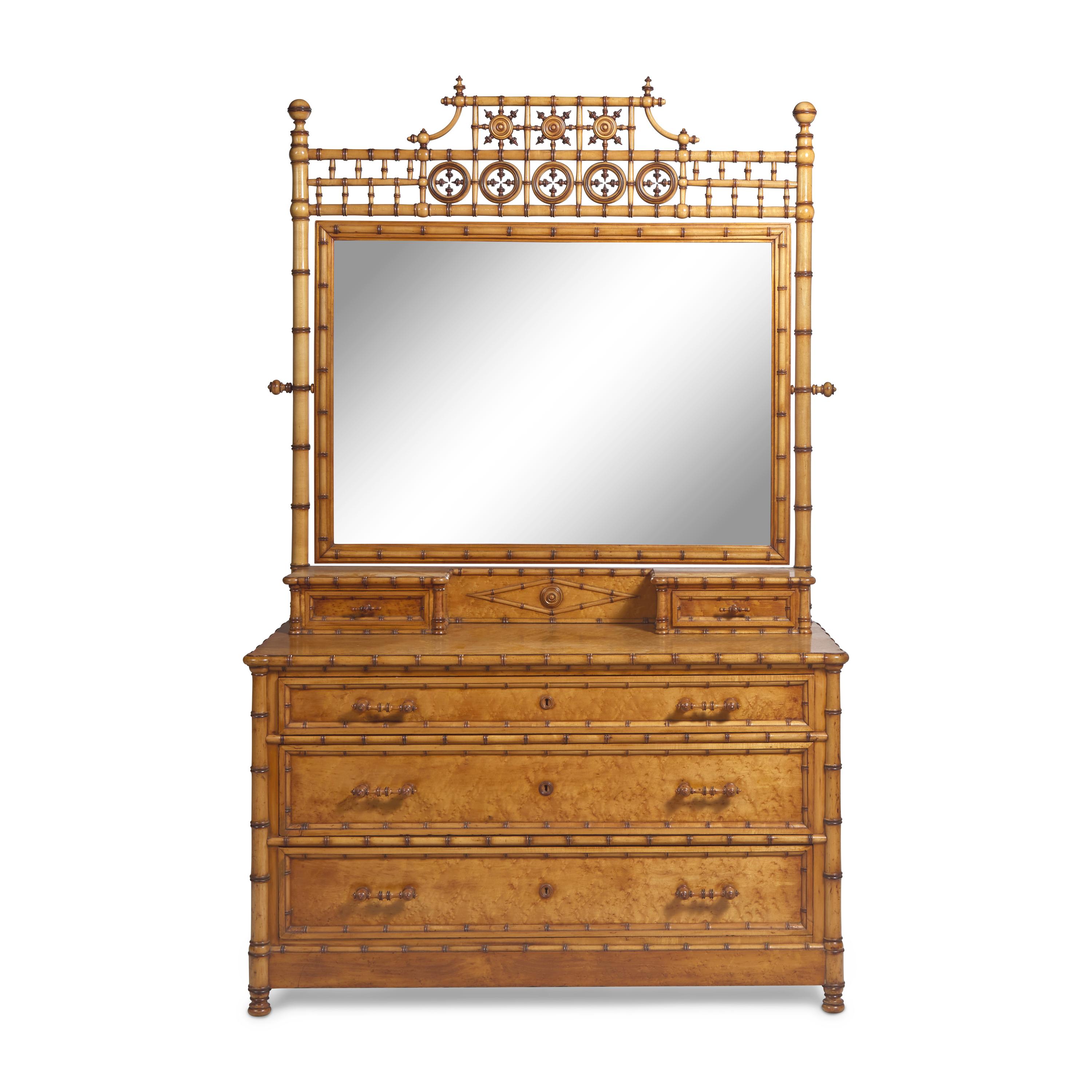 A Carved Bamboo and Bird's Eye Maple Bedroom Suite