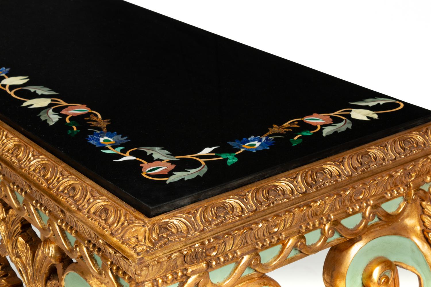 A Pair of Continental Giltwood Console Tables with Pietra Dura Tops