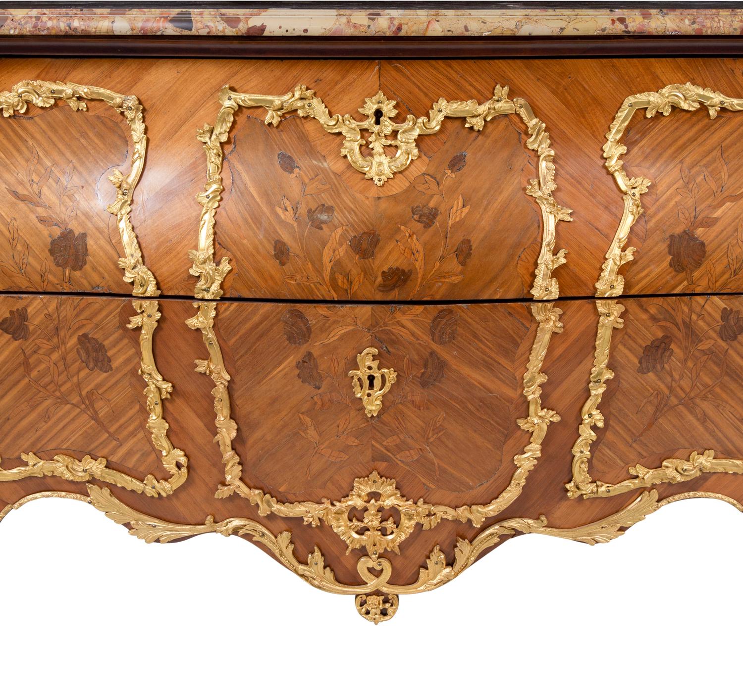 A Louis XV Style Gilt Bronze Mounted Sans Traverse Marquetry Marble-Top Bombe Commode