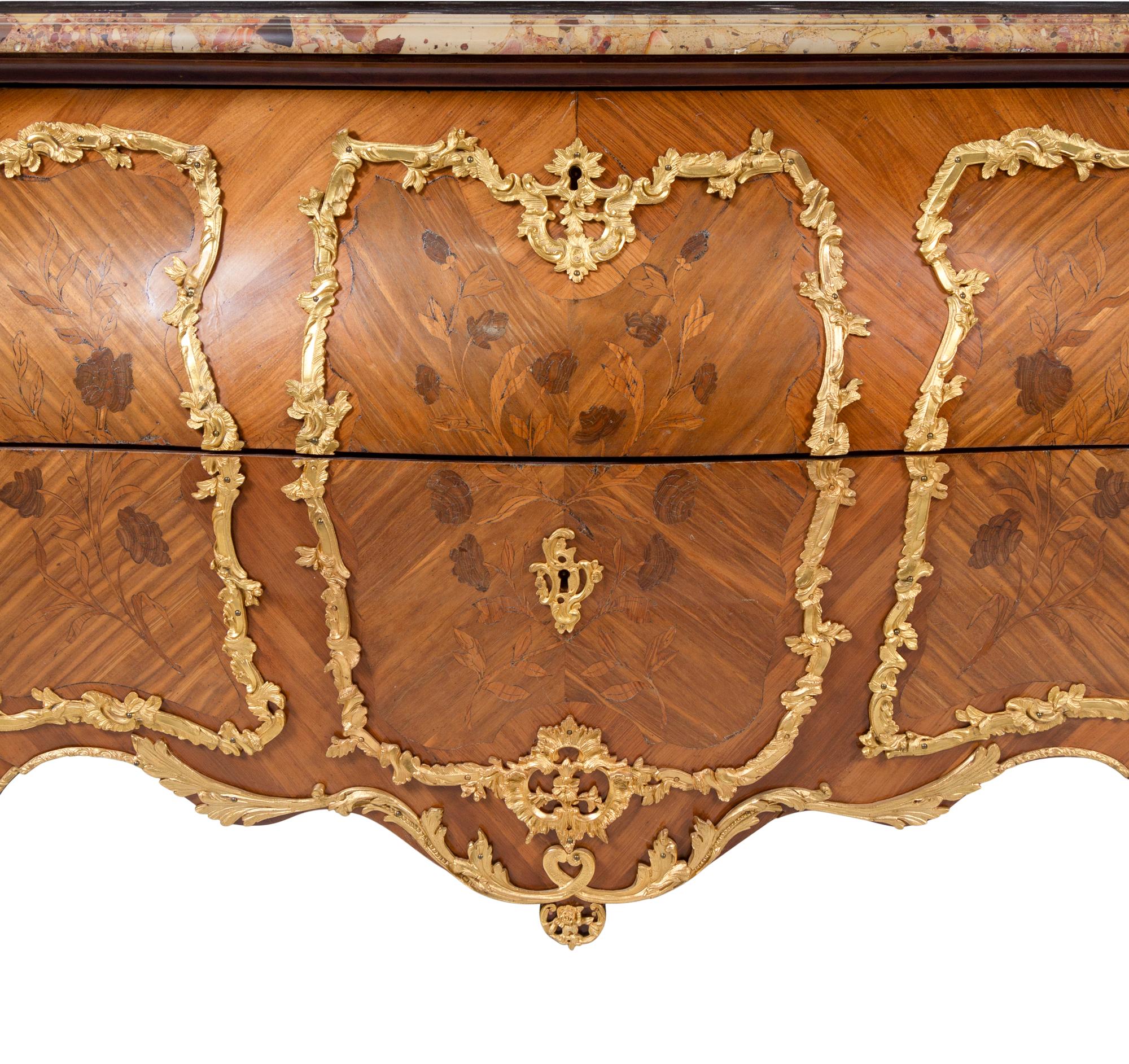 A Louis XV Style Gilt Bronze Mounted Sans Traverse Marquetry Marble-Top Bombe Commode