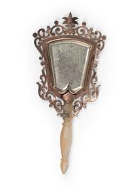 A Continental Mother-of-Pearl Handled Garnet-Inset Mirror