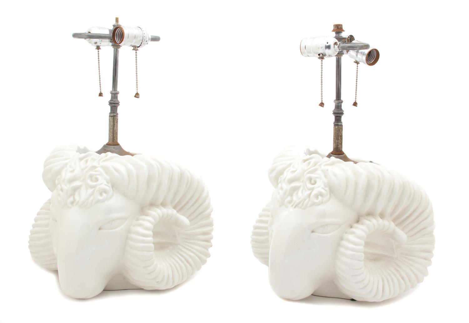 A Pair of Rams Head-Form Painted Ceramic Table Lamps Height overall 18 inches. — 20TH CENTURY
