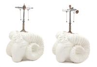 A Pair of Rams Head-Form Painted Ceramic Table Lamps Height overall 18 inches. — 20TH CENTURY
